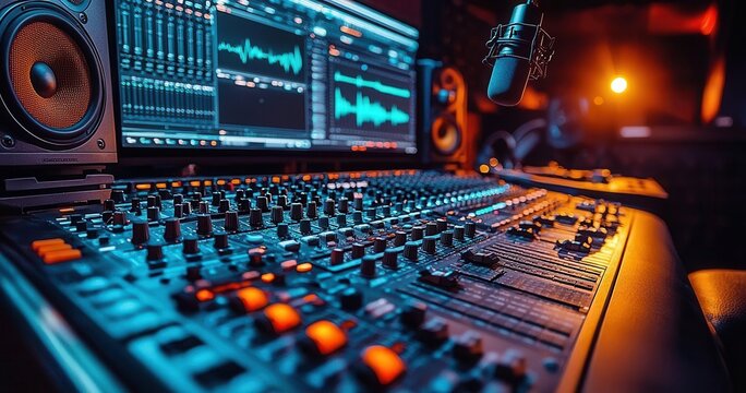 Photo of a podcast studio with a microphone, laptop, and recording equipment, with a bokeh background and a blue and orange color theme.