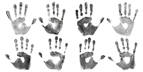Hands Imprinted in Black Paint on White Background Patterns Design, isolated on transparent background