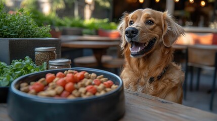 Happy golden retriever eagerly awaits food at a vibrant outdoor caf? with lush greenery