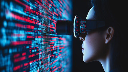 Virtual Reality Immersion: A woman engrossed in a virtual reality experience, facing a wall of flowing binary code, symbolizing the intersection of technology and human exploration. 
