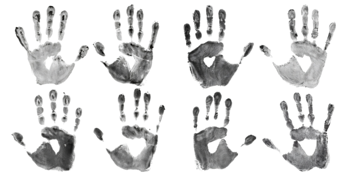 Hands Imprinted in Black Paint on White Background Patterns Design, isolated on transparent background