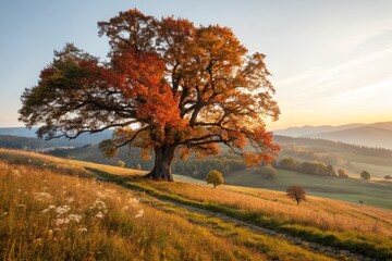 Obraz premium Vibrant Autumn Landscape: Golden Hour Painting in Nature's Gallery