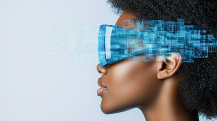 Immersed in Digital Reality: A woman with an afro wearing virtual reality glasses explores a digital world with a futuristic aesthetic.  The blue and white digital code streaks around her.