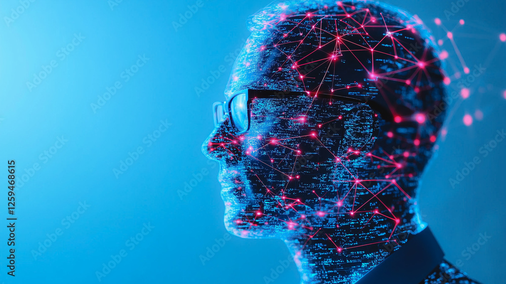 Poster digital mind: a profile view of a man's head, rendered in a futuristic digital style, with glowing n