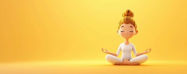 Meditation practice indoor space animated character yellow background calm environment mindfulness concept