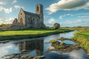 Fototapeta premium Irish Abbey River Sunset Landscape