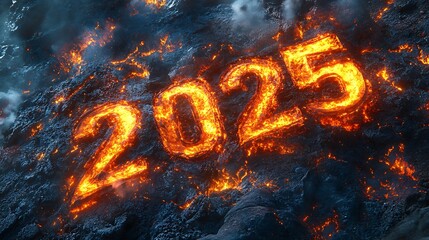 A blazing "2025" surrounded by swirling flames and glowing embers, with dynamic fiery textures radiating heat and light, set against a dark and smoky backdrop, photorealistic, hyper-detailed,