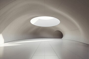 Futuristic interior with curved walls, circular skylight, and smooth surfaces on a neutral background. Concept of modern architecture. Ai generative