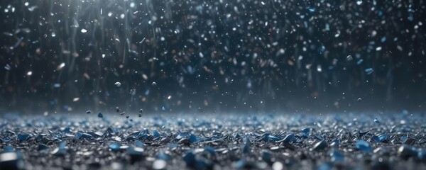 Dense foggy atmosphere with tiny blue and silver confetti scattered on it, giving an otherworldly feel, atmospheric, blue, celebration