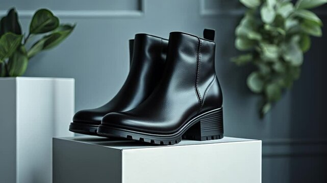 Elegant black heeled boots on display with lush greenery backdrop