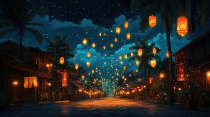 Scenic rural village glowing under starry sky