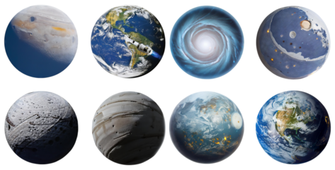 Colorful Celestial Bodies and Cosmic Concepts in Digital Art, isolated on transparent background