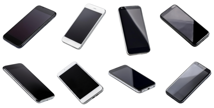 Variety of Smartphones Positioned in Dynamic Arrangement with Reflection, isolated on transparent background