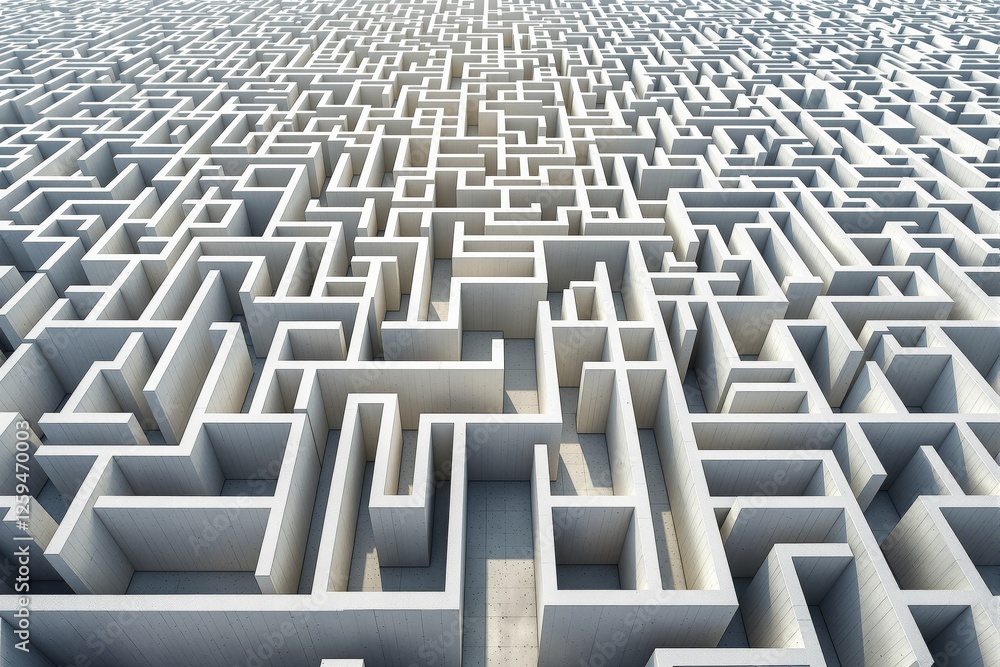 Poster a large, intricate concrete maze with high walls and complex pathways on a bright background. concep