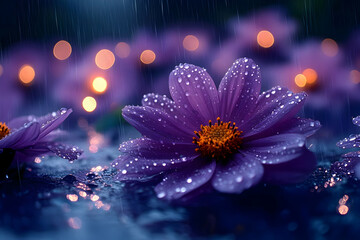 Fototapeta premium Purple Flowers In Rain With Bokeh Lights