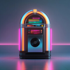 Vibrant, stylized jukebox illuminated with neon lights in a retro setting, perfect for evoking 80s nostalgia.
