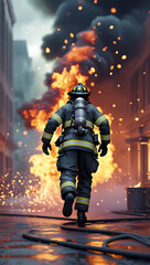 A firefighter in protective gear is running towards an intense blaze, surrounded by smoke and flying sparks. The scene captures the urgency and danger of firefighting in an urban environment. ai