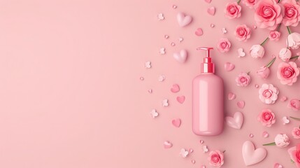 Pink lotion bottle surrounded by hearts and roses. Romantic and feminine product shot.
