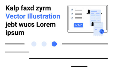 Touchscreen interface showing completed checklist, digital payment button, and printed receipts. Ideal for fintech, online transactions, mobile payments, e-commerce, billing, finance apps abstract