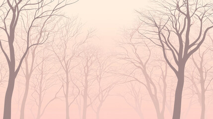 Bare trees stand silhouetted in a soft, misty, pink-tinged light, creating a serene and atmospheric woodland scene -ai