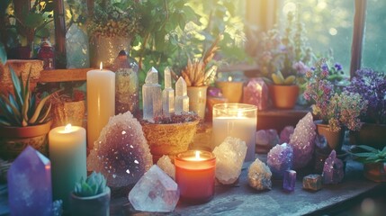 Colorful crystals and candles arranged on a wooden table