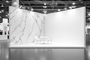 Exhibition booth with marble-textured and white walls, a round table, and two chairs in a bright trade show setting. Concept of modern presentation space. Ai generative