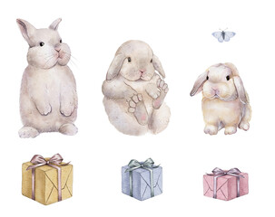 set of charming watercolor illustration three bunnies surrounded by colorful gift boxes and delicate butterflies. whimsical design is ideal for festive occasions, greeting cards or children's decor