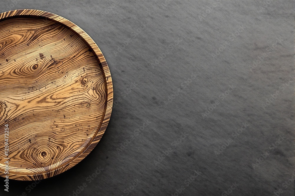 Poster round wooden tray with intricate grain patterns placed on a dark textured background. concept of nat