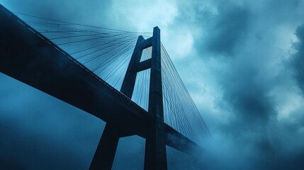 Close-up of the silhouette of an iconic bridge, with steel cables and structure against a cloudy sky, captured from a low angle. The image features blue hues