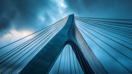 Fototapeta premium Close-up of the silhouette of an iconic bridge, with steel cables and structure against a cloudy sky, captured from a low angle. The image features blue hues