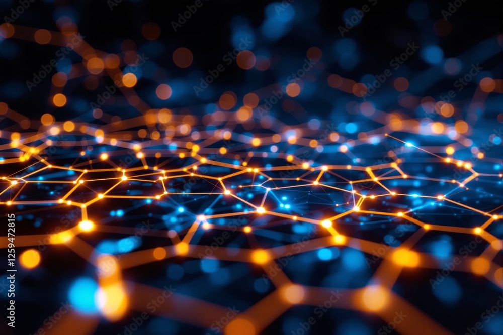 Poster abstract futuristic digital network with glowing orange and blue nodes on a dark background. concept