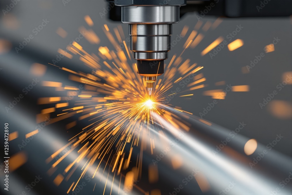 Poster close-up of a laser cutting machine processing a metal surface with bright sparks flying on a dark b
