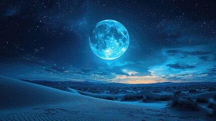 A stunning blue moon illuminates a serene desert landscape under a starry night sky