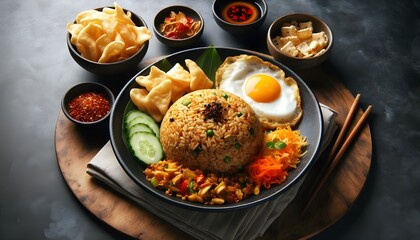 Delicious Fried Rice. The popular Indonesian rice dish . Accompanied with condiments of chili sauce, pickled cucumber, crackers, and omelet.