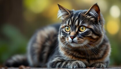 Lying Tabby Cat with Yellow Eyes Relaxing Outdoors in Soft Light