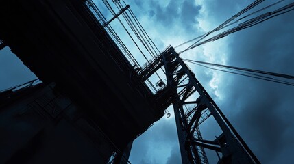 Close-up of the silhouette of an iconic bridge, with steel cables and structure against a cloudy sky, captured from a low angle. The image features blue hues