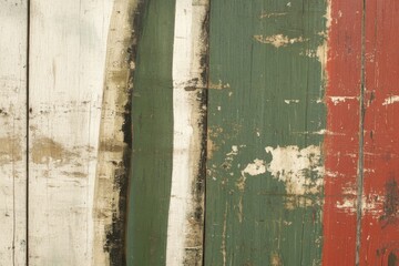 Abstract Rustic Wooden Texture: Weathered Paint, Green, Red, and Off-White Hues