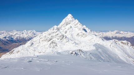Snowy mountain peak, clear sky, winter landscape, travel poster (1)