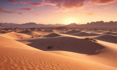 Desert landscape at sunrise with sand dunes and rocky outcrops, sandy dunes, dune