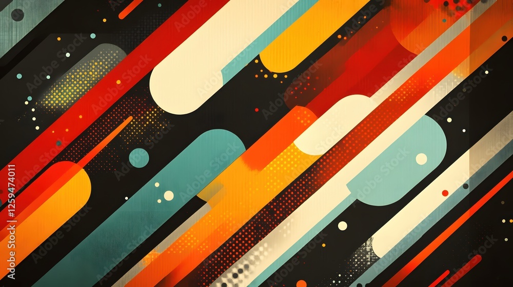 Poster dynamic composition of diagonal shapes in retro colors on a dark background