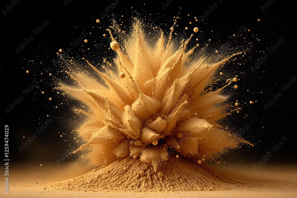 Poster golden powder explosion frozen in time, creating intricate patterns on dark background. concept of e