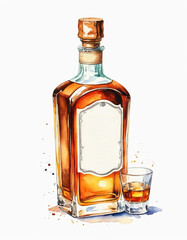 Whiskey bottle and glass on white background, watercolor painting style, generative AI.