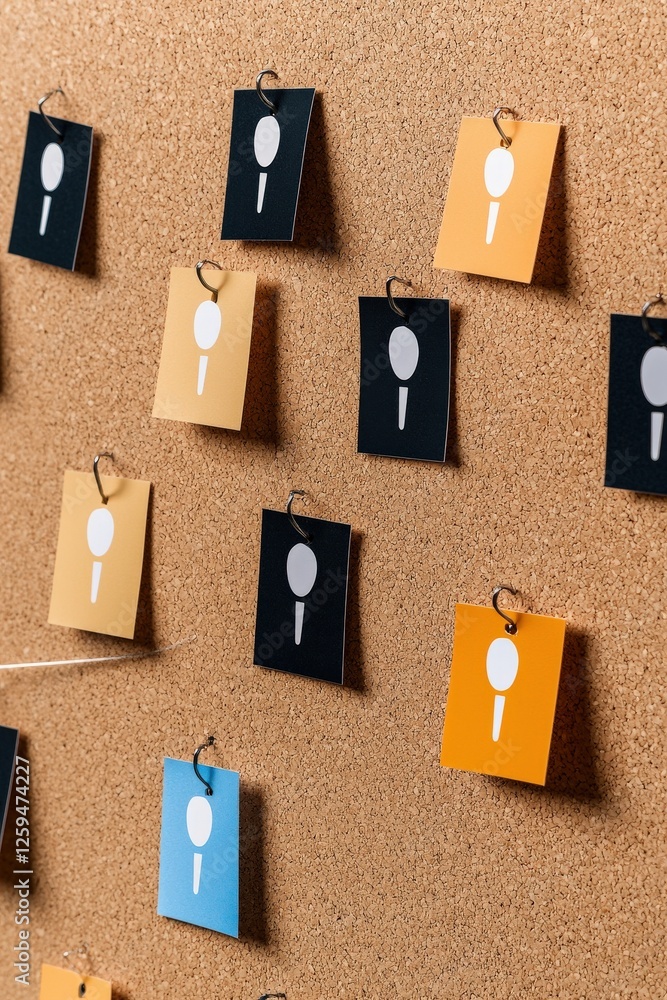 Poster a brainstorming session with pinned customer profiles on a corkboard.