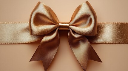 Elegant bronze ribbon bow placed on a soft peach background, perfect for gift wrapping and decoration