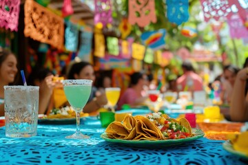 Vibrant Mexican Fiesta with Delicious Tacos and Drinks
