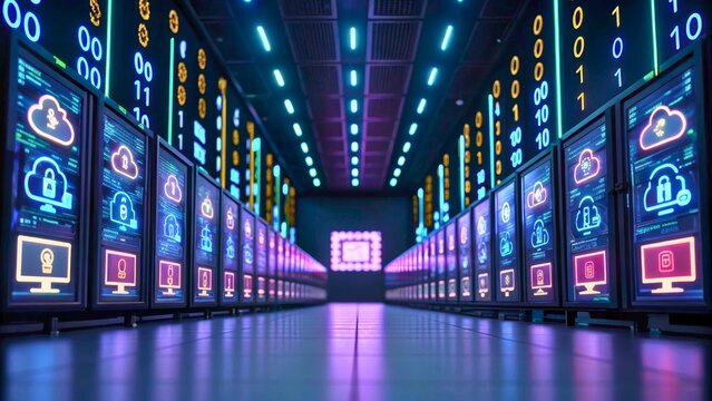 Futuristic Data Center with Neon Lights and Digital Displays Featuring Cloud Technology
