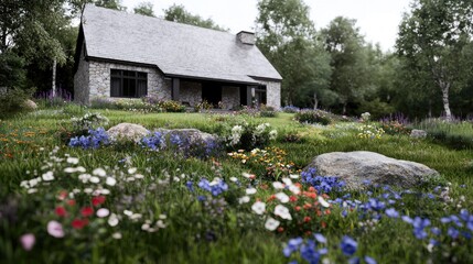 Stone cottage nestled in a flower-filled garden