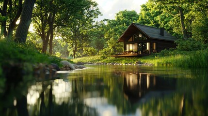 Obraz premium A tranquil wooden cabin by a serene river, surrounded by lush greenery and trees, reflecting the peacefulness of nature.