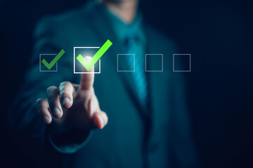tick check mark in a checklist. concept of online list questionnaire, report, and evaluation. a...