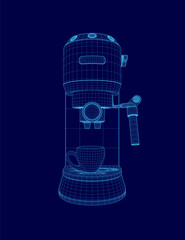A blue 3D image of a coffee maker with a cup on top of it. The coffee maker is a modern design with a sleek and futuristic look. Concept of innovation and sophistication